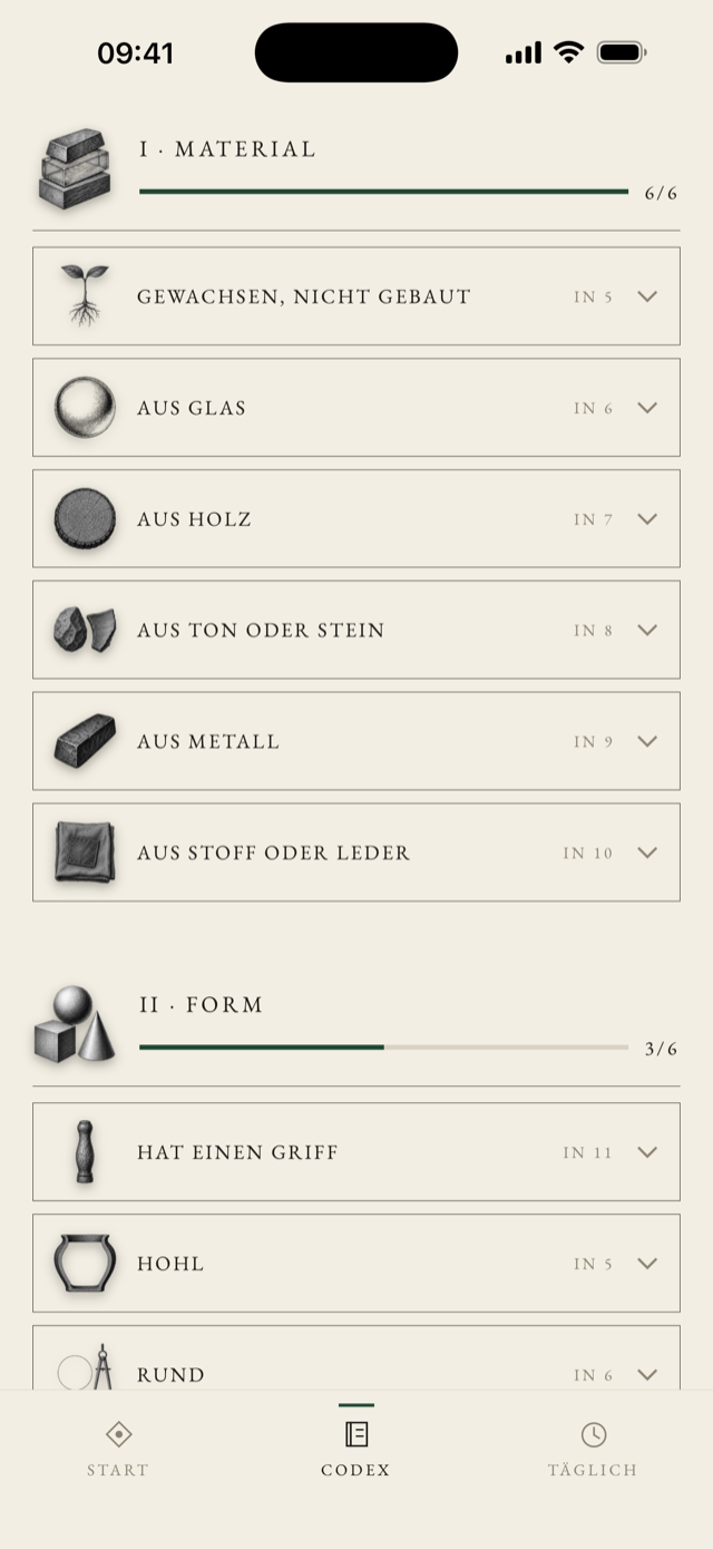 Codex mit Kapiteln und erratenen Regeln.