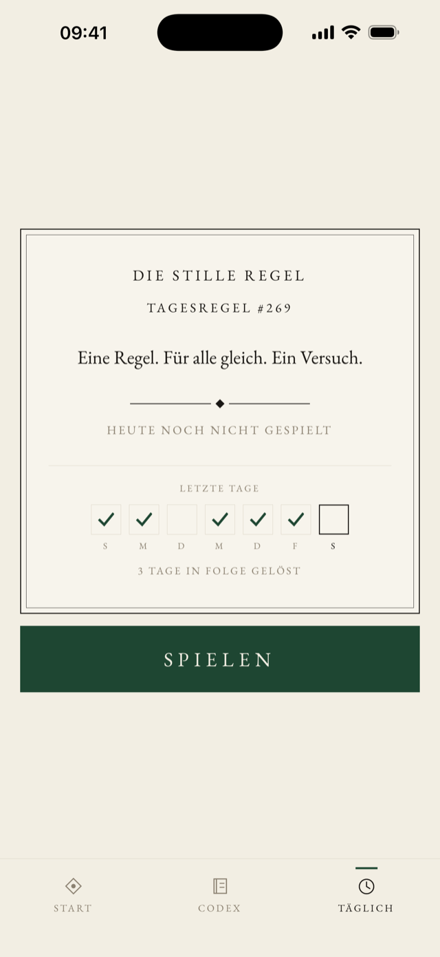Tagesregelkarte mit Wochenstreifen.