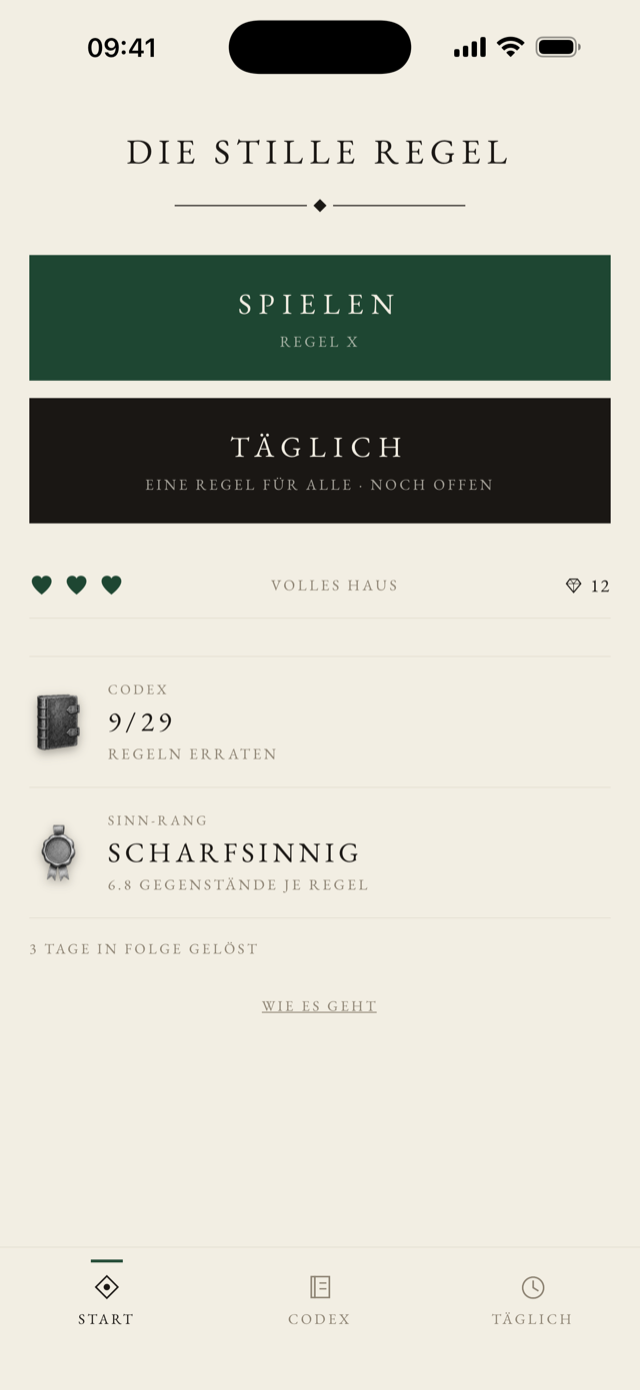 Startbildschirm mit Wortmarke, Spielen und Täglich.